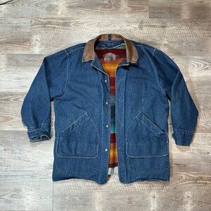 Vintage 80s Woolrich Denim Barn Coat Wool Blanket Lined Jacket Women Sz L USA